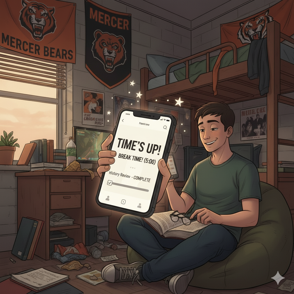 Panel 5: Leo seeing the break timer after a successful session