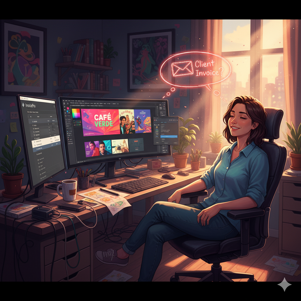 Panel 1: Maria finishing creative work