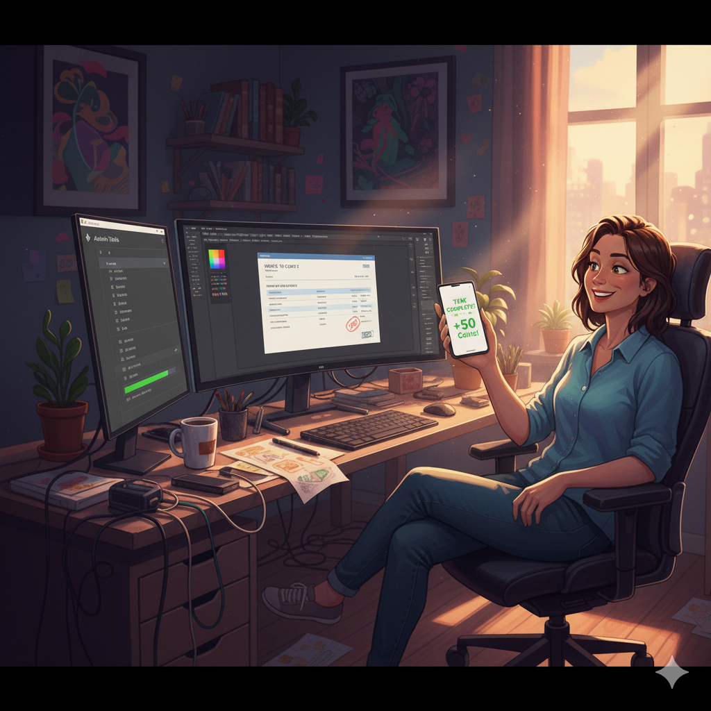 Panel 4: Maria completing the task and seeing a reward