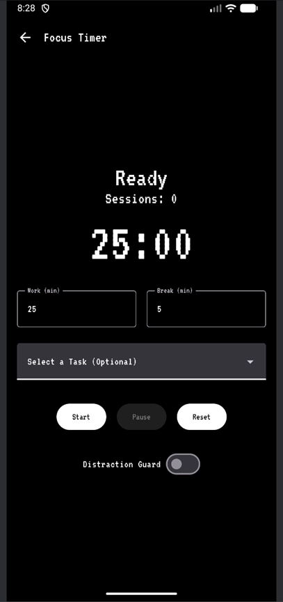 Screenshot of the Focus Timer screen